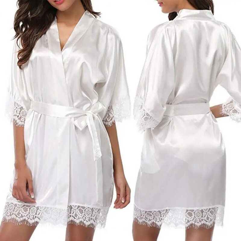 Women Iace Silk Pajamas Robes Stain Lady Sleeping Gown Half Sleeve Sexy Lace Loose Soft Women Bathrobe Sleepwear Nightgown