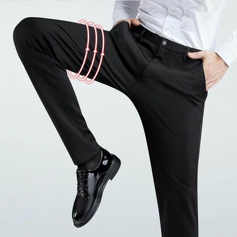 Męskie spodnie garniturowe proste dopasowane antyzmarszczkowe jednolite kolorowe kieszenie z wysokim stanem, miękkie oddychające gładkie cienkie spodnie biznesowe