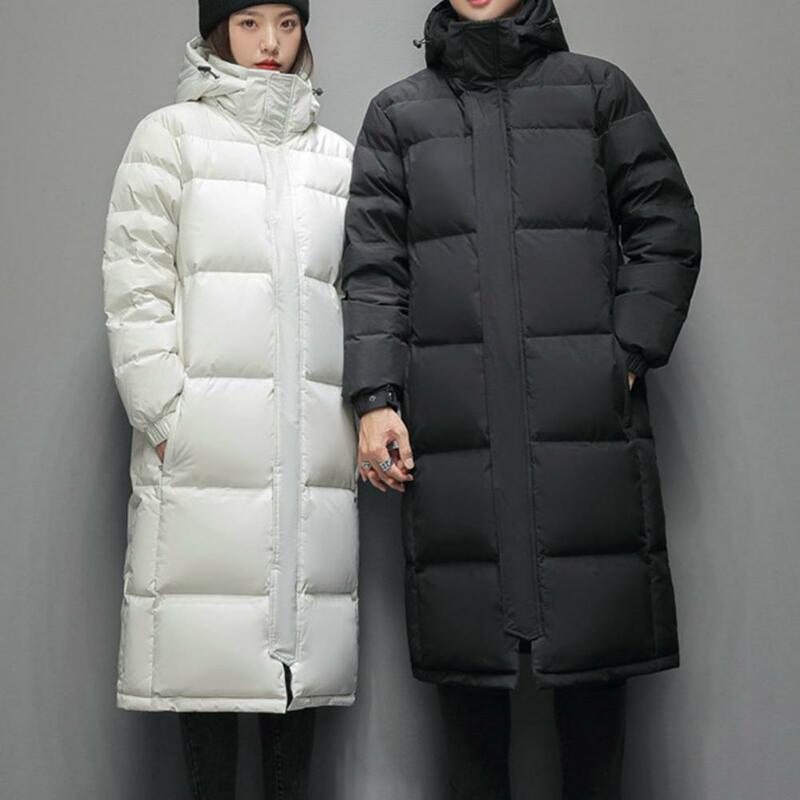 Solid Color Coat Unisex Winter Cotton Coat with Stand Collar Hood Windproof Warm Long Sleeve Mid Length Down Coat for Couples