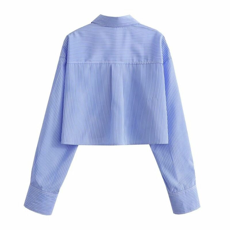 Wygodne w paski damskie krótka koszula z długim rękawem krótki Top Vintage zapinane na guziki bluzki w jednolitym kolorze asymetryczne lato