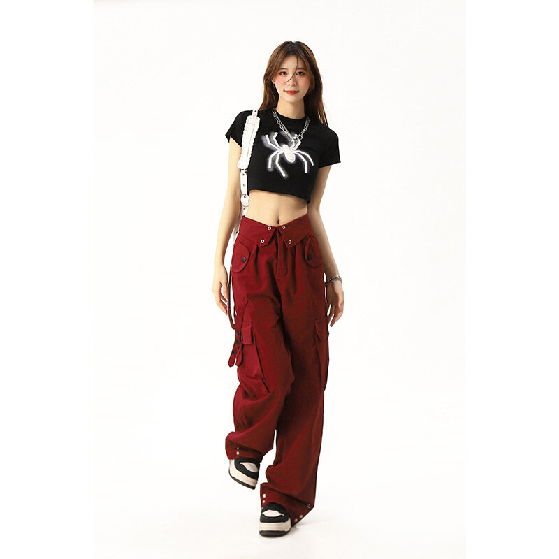 Autumn High Street Burgundy Workwear Pants With Niche Design Vibe Functional Pants For Women's Straight Casual Pants Ins