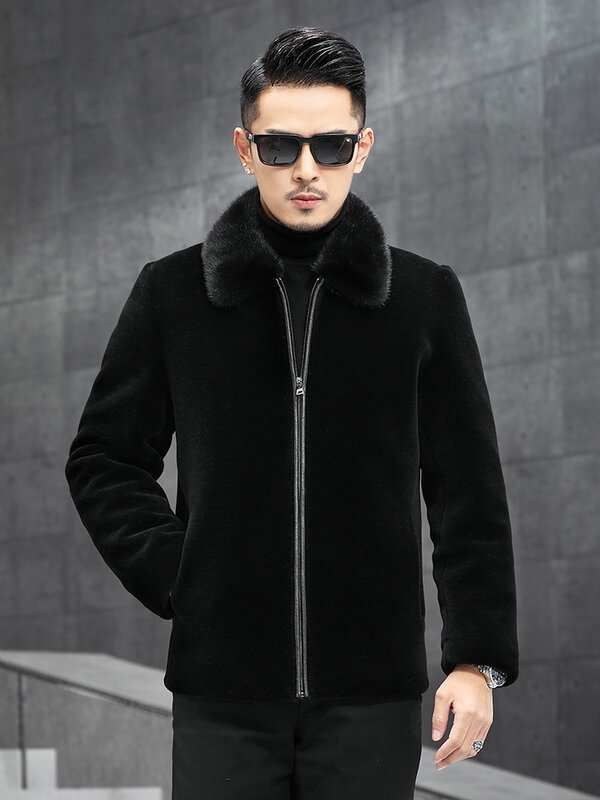 남성용 밍크 모피 칼라 모피 통합 다운 재킷, 가죽 모피, 긴팔, 단색 포켓 코트, 겨울 유행 코트