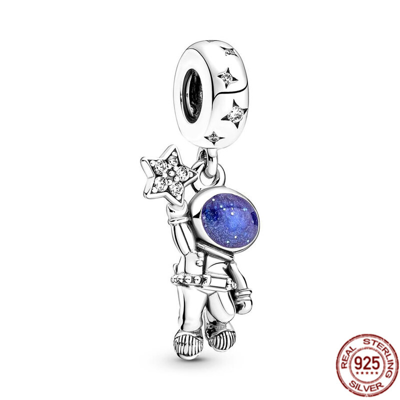 Seria Galaxy 925 srebrny astronauta obca gwiazda księżyc łańcuszek wiszący urok koralik pasuje do oryginalnej bransoletki Pandora biżuteria