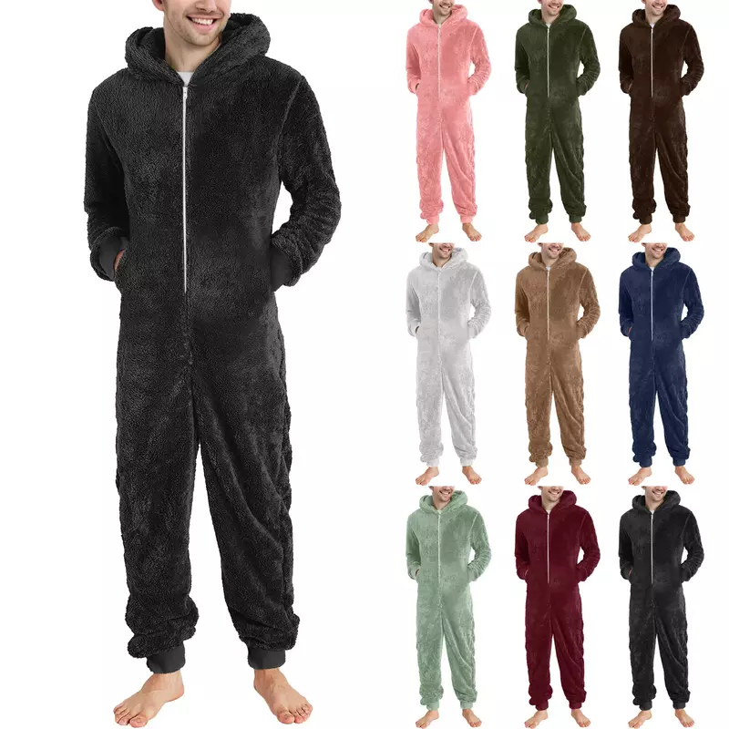 Pijama de manga larga con cremallera para hombre, ropa de dormir holgada, informal, Color sólido, con capucha, 2023