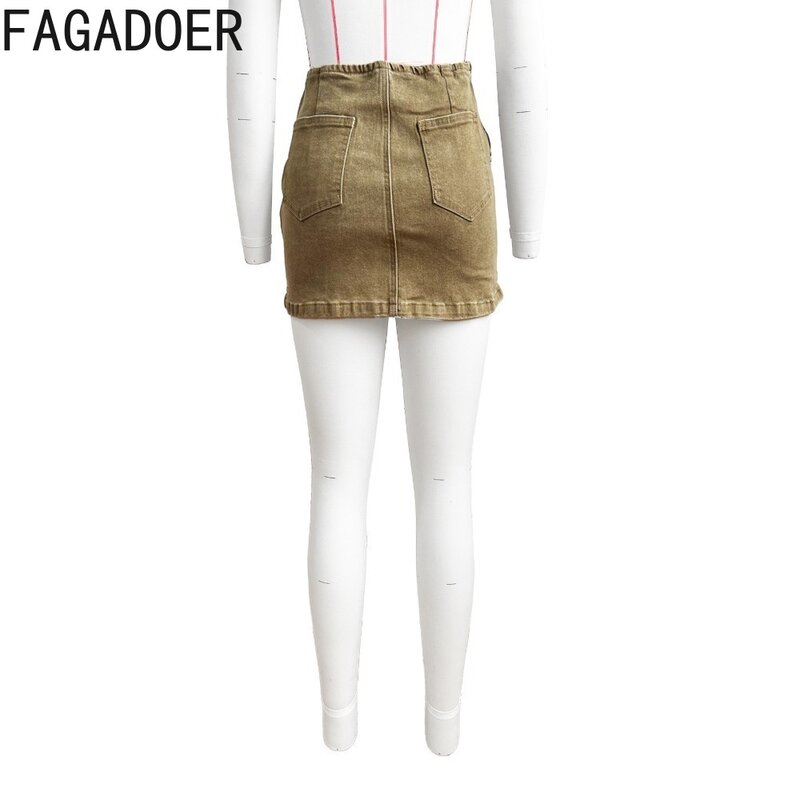Fagoer moda Retro Y2K brązowy haft spódniczki dżinsowe kobiet z wysokim stanem elastyczna Mini spódniczka lato nowe dopasowane spodnie