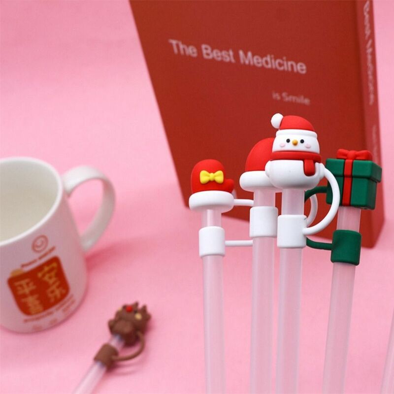 Reusable Christmas Silicone Straw Plug Airtight Drinking Dust Cap Accessories Cartoon Plugs Tips Cover Suit For 10mm Straws Cup