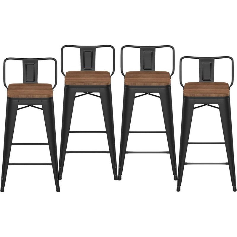 ชุดเฟอร์นิเจอร์คาเฟ่หลังเก้าอี้เหล็กบาร์สตูลพร้อมเก้าอี้สตูลที่นั่งไม้ชุดเฟอร์นิเจอร์คาเฟ่สีดำด้าน