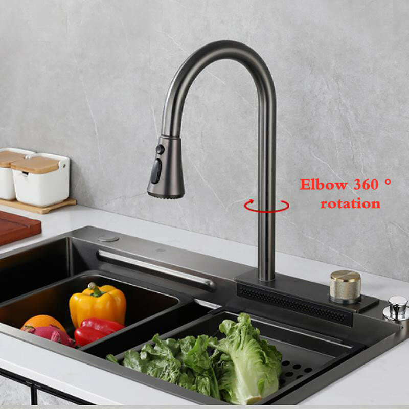 304 Stainless Steel Waterfall Kitchen Sink Pull type faucet Single Slot High Pressure Cup Washer Coffee Shop Wine Bar Sink