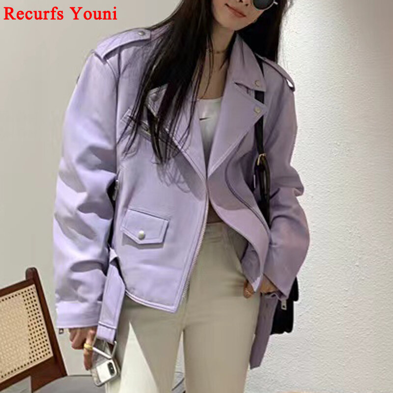 Genuine Leather Jacket for Women Attractive Purple White Metal Zipper Belt Trend Locomotive Coat Versatile Cuero Women Clothing