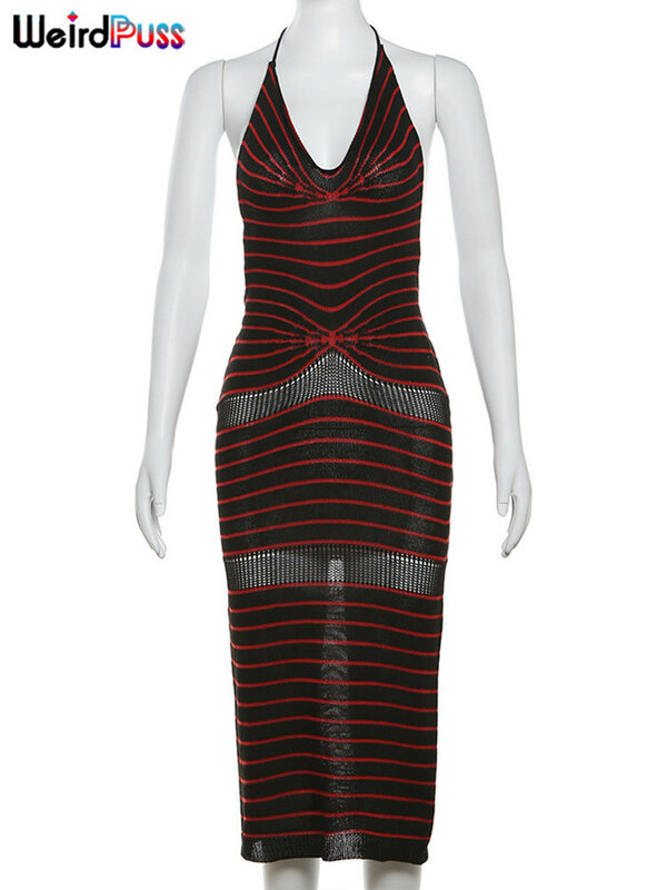 test only not for sale Weird Puss Knit Thin Sexy Dress Women 2024 Summer Trend Stripe Print