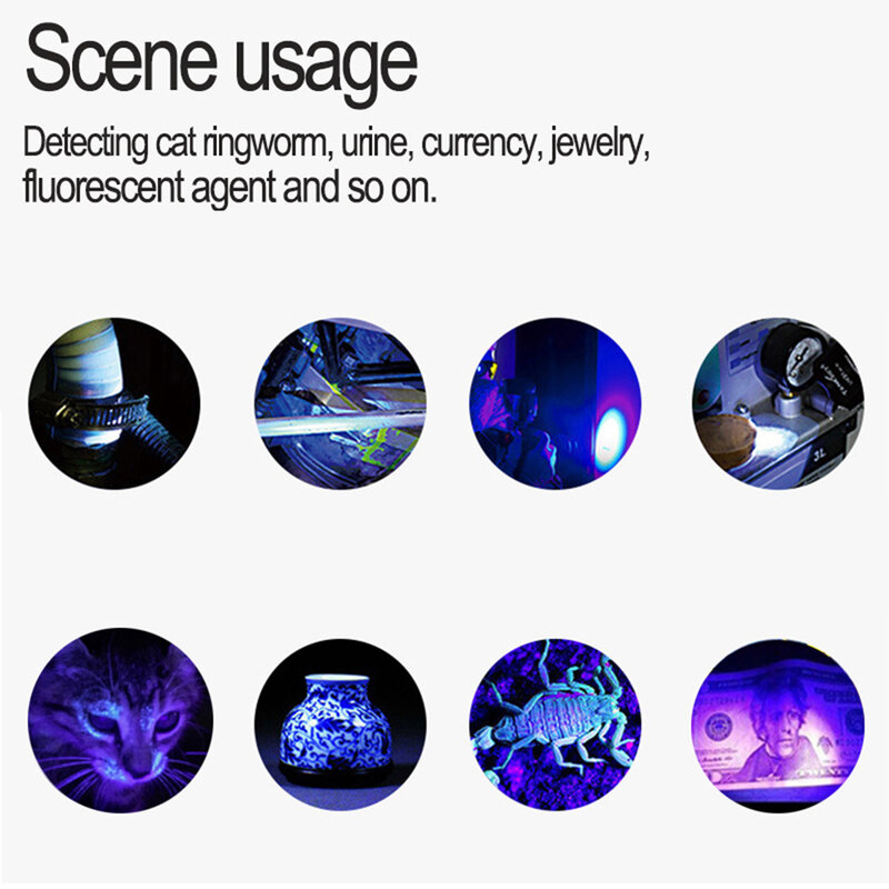 Linterna UV recargable por USB, luz negra de 365nm, ultravioleta, Detector de manchas de orina de mascotas