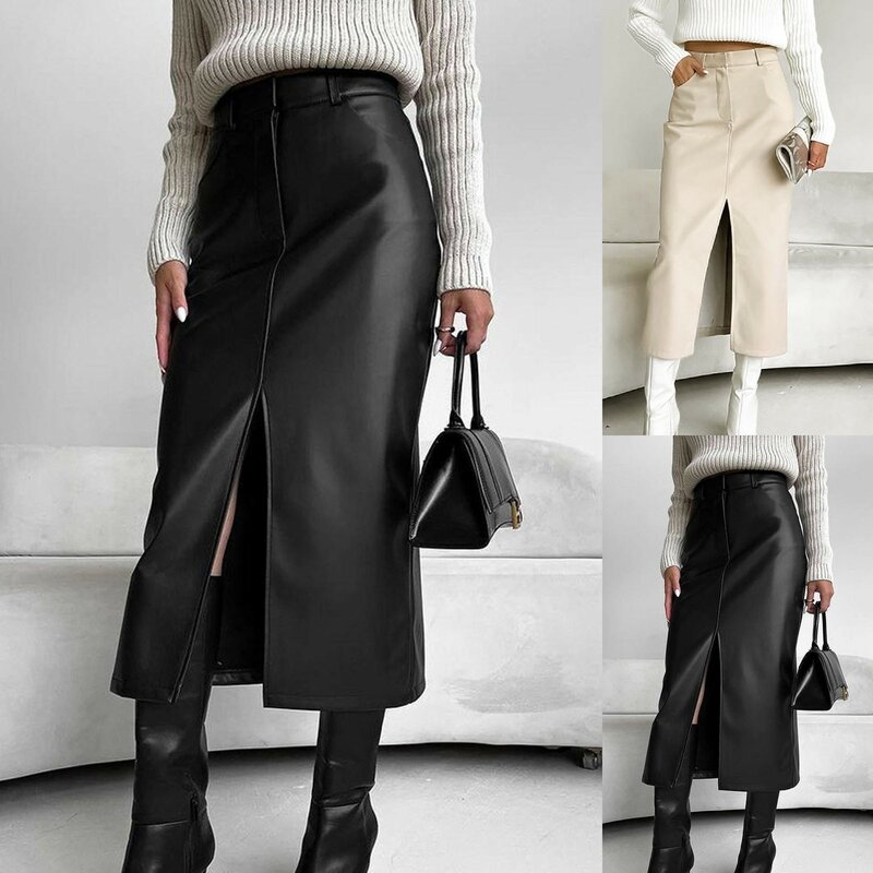 Light Khaki PU Skirts Women Elegant Spring 2024 Faux Leather Slit Straight Skirts Office Ladies Classy Black Skirts