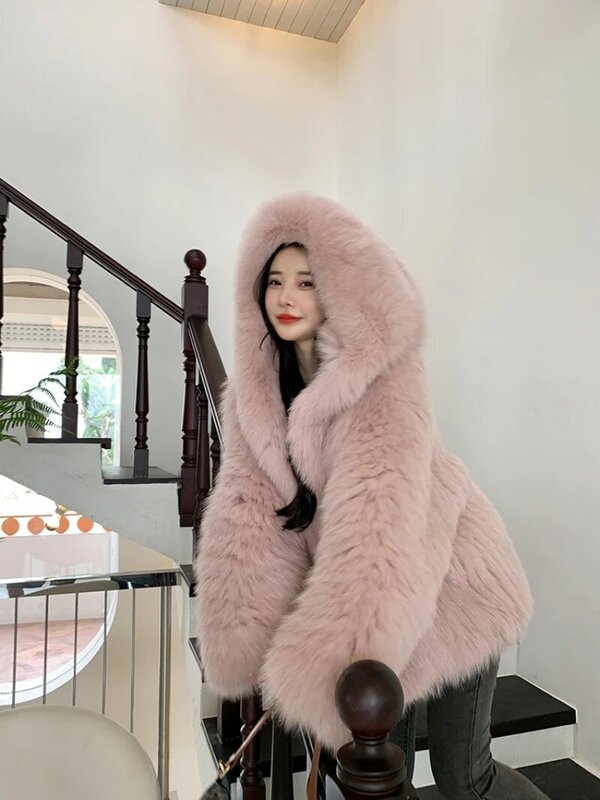 White Fox Fur Coats Women Winter Fashion Warm Faux Fur Coats Hooded Long Sleeves Sweet Lady Design