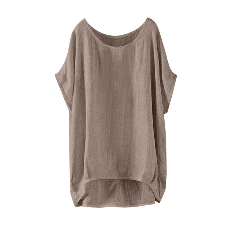 Plus Size Blouse Women'S Shirt Solid Cotton Linen O-Neck Bat Short Sleeve Casual Loose Top Pullover Blusas Mujer De Moda 2024