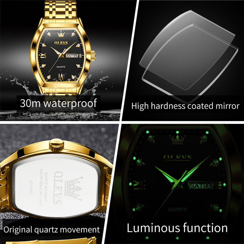 OLEVS-Homens de luxo ouro Tonneau Dial Quartz Watch, aço inoxidável, relógios de pulso impermeáveis, marca Top