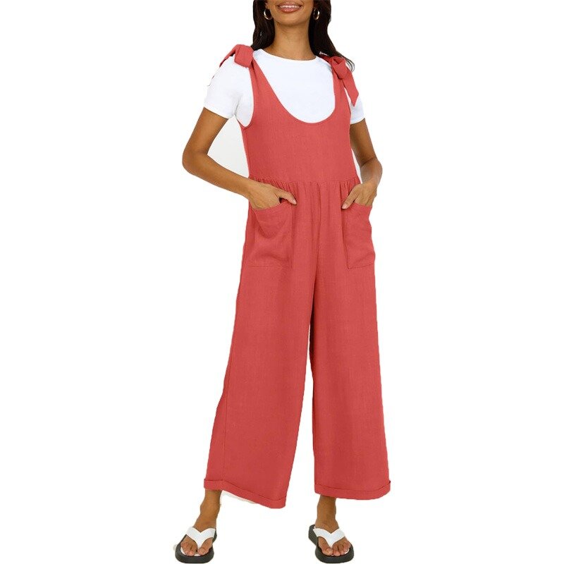 2024 Summer New Women's Solid Color Pocket Lace-up Wide-leg Jumpsuit Big U-neck Pants