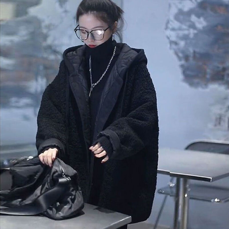 Новая зимняя куртка из овечьей шерсти с имитацией двух частей, Женское пальто, корейское свободное стеганое утолщенное теплое пальто с капюшоном Parker, верхняя одежда