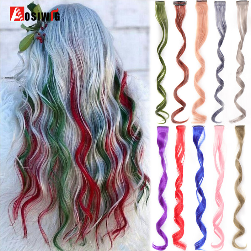 Ekstensi rambut sintetis 20 inci wanita, hiasan rambut pelangi tahan panas dengan satu klip, ekstensi rambut panjang ikal bergelombang warna-warni