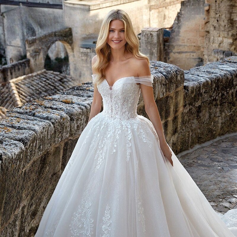 Luxury Off Shoulder Wedding Dresses Sweetheart Appliques Flowers Lace Up Tulle Bridal Gown Vestidos De Novia