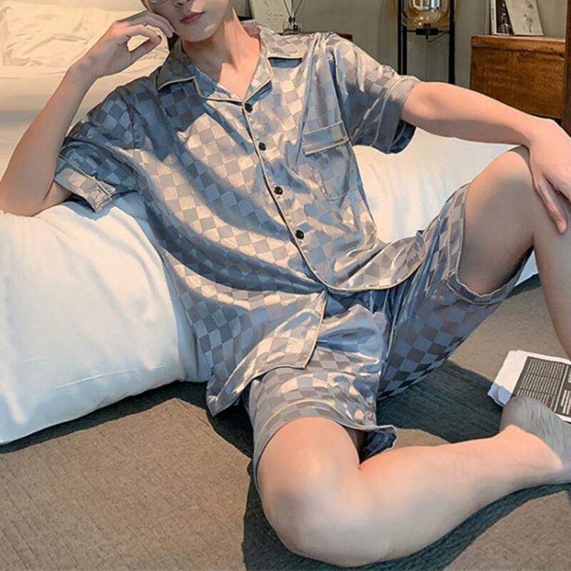 2 teile/satz Männer Pyjama Set Plaid Print Einreiher Knöpfe lose Homewear Turn-Down Kragen elastische Taille Shorts Nachtwäsche Set