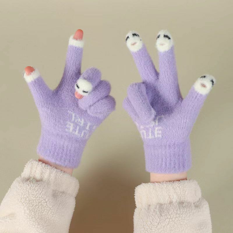 女性と女の子のためのニットの指先の手袋,厚くて暖かい,かわいい,パンダ,屋外,スキー,冬