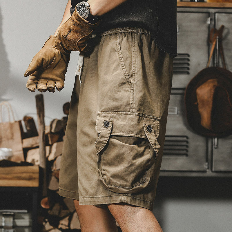 Pantalones cortos con múltiples bolsillos para hombre, ropa de calle de algodón, holgada y ancha, color caqui, Y2k