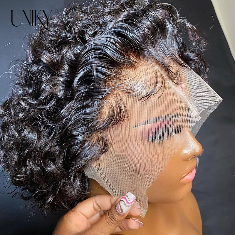 Short Curly Pixie Cut Wig Human Hair Lace Front 13x1 Transparent Lace Frontal Wig 99J Burgundy Deep Water curly Human Hair Wig