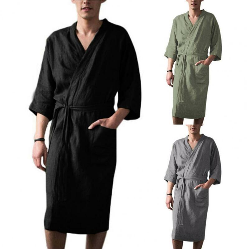 Roupão de cardigã com renda masculino com cinto ajustável, camisola macia, bolsos de mangas 3/4, super absorvente para homens