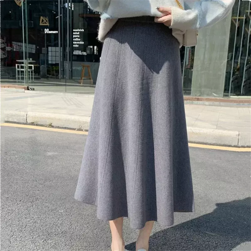 Falda Midi de estilo coreano para mujer, prenda elegante y gruesa con cintura elástica, holgada e informal, para oficina, Otoño e Invierno