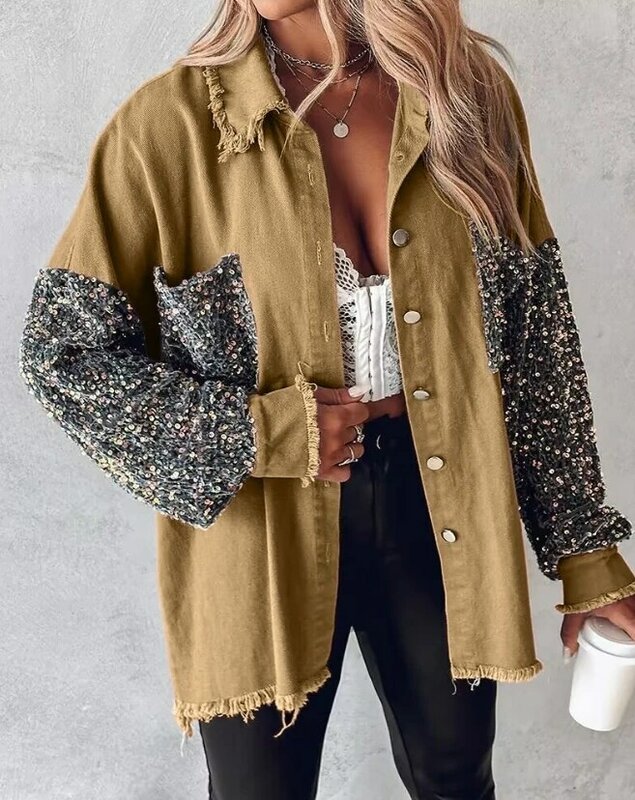 Women's Spring, Autumn, and Winter Denim Coat Versatile Solid Color Spliced Flash Flap Collar Button Shirt Casual Coat