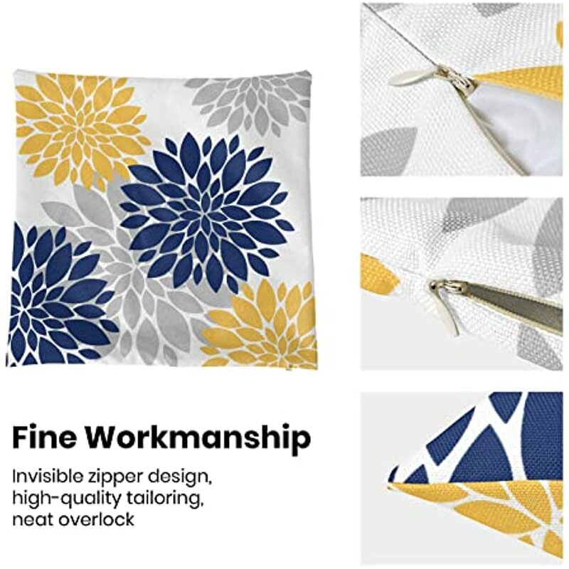 Granatowy, niebieski, żółty, poszewki na poduszki 2 sztuk, wiosna lato geometryczny elegancki Dahlia dekoracyjne poduszki