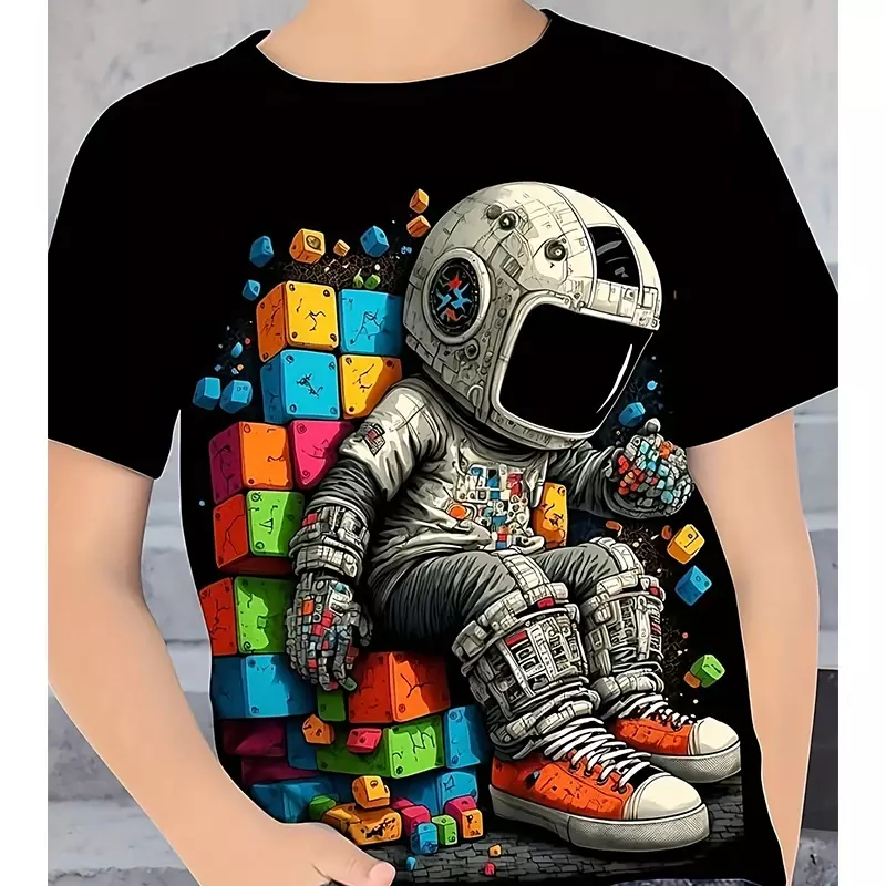 Camiseta con estampado 3D de astronauta para niños, Tops informales ligeros y cómodos de manga corta, camiseta para niños, ropa de moda de verano