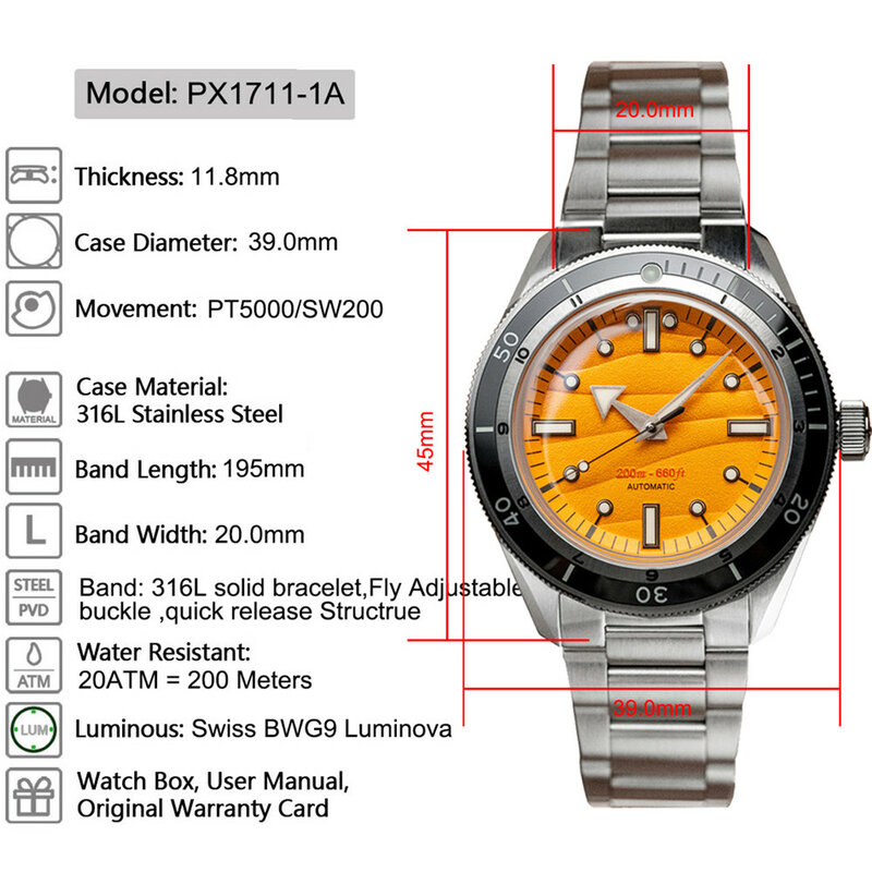 Proxima PX1711-1A 남성용 자동 기계식 시계, 모래 다이얼, 316L 스테인리스 스틸 돔 사파이어 유리 손목시계, 39mm