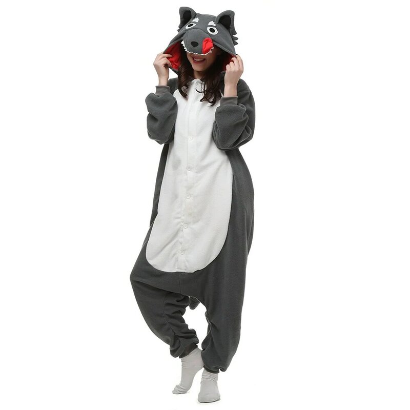 Grauer Wolf Tier Kigurumi Overall Erwachsene Langarm Pyjama Halloween Festival Party Kostüm Frauen Kapuze Flanell Nachtwäsche