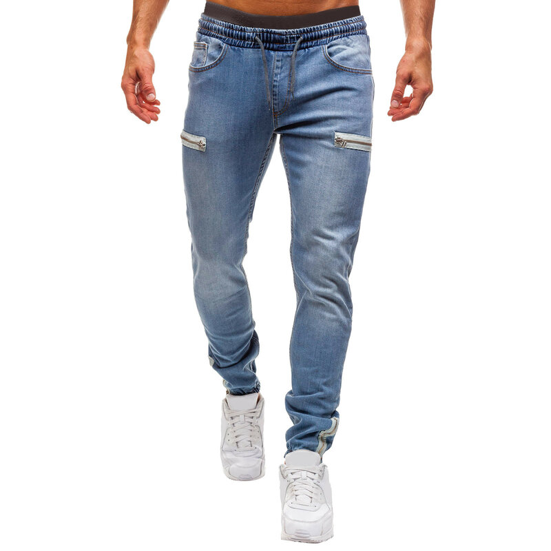 Calça jeans casual masculina com bolso com zíper, calça jeans cor pura, slim fit, cordão, elástico na cintura, calça streetwear, moda