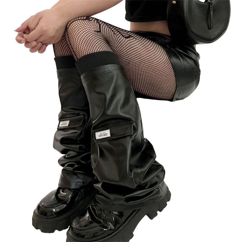 สตรี PU Leathers ขาอุ่นขายาวถุงเท้าผู้ใหญ่หญิง Boot ถุงเท้าปาร์ตี้ Casual Streetwear T8NB
