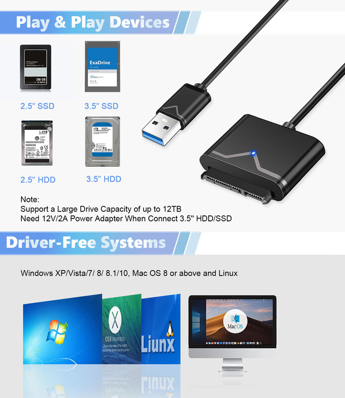Onvian SATA-USB 3.0 케이블 USB-Sata 케이블 어댑터, 2.5 3.5 인치 HDD SSD 하드 디스크 드라이브 데이터 빠른 전송 Sata 케이블 Fastdelivery 수신