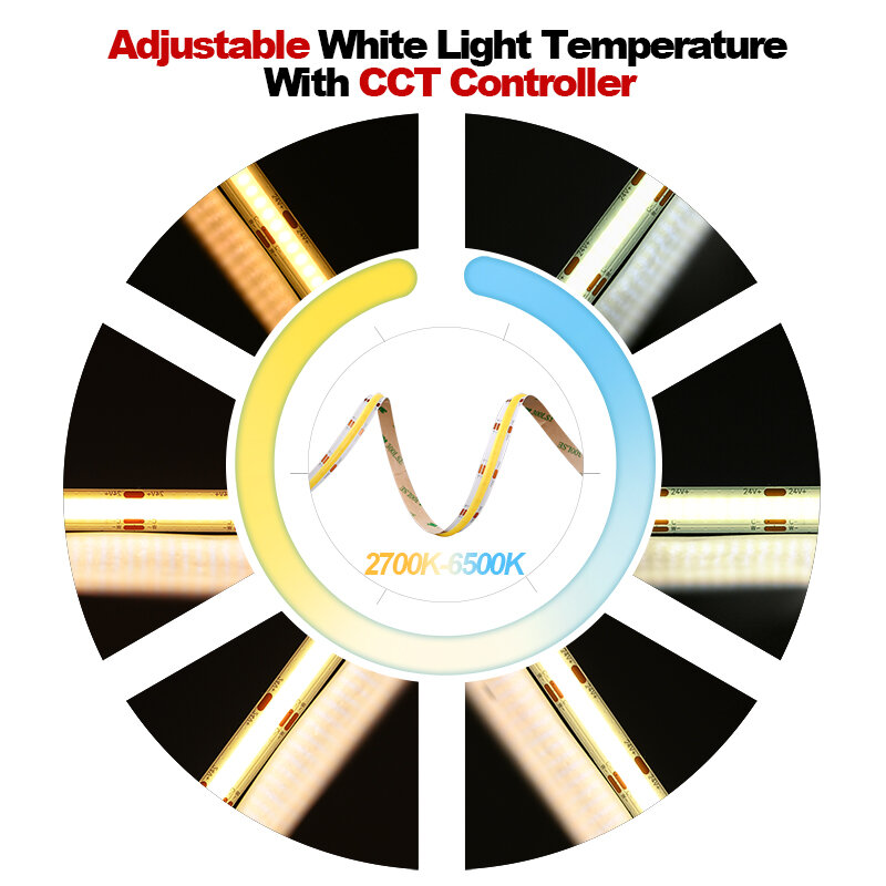 COB CCT lampu Strip LED 608 LEDs/m, kepadatan tinggi fleksibel dapat diredupkan pita Led FOB 2700K hingga 6500K pencahayaan dapat diubah DC12V 24V