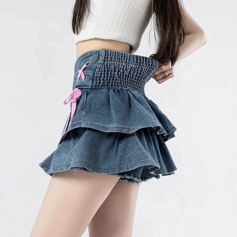 Deptown dżinsowa Mini spódniczka damska marszczona Vintage słodka kokardka kokietka spódnica lato Cutecore niebieska linia Retro krótkie spódniczki