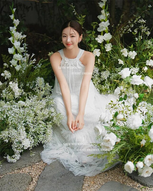 Lism-プリーツ-台形の床の長さのプロムドレス,エレガントなチュール,韓国の写真撮影,結婚式のイブニングドレス,カスタムドレス