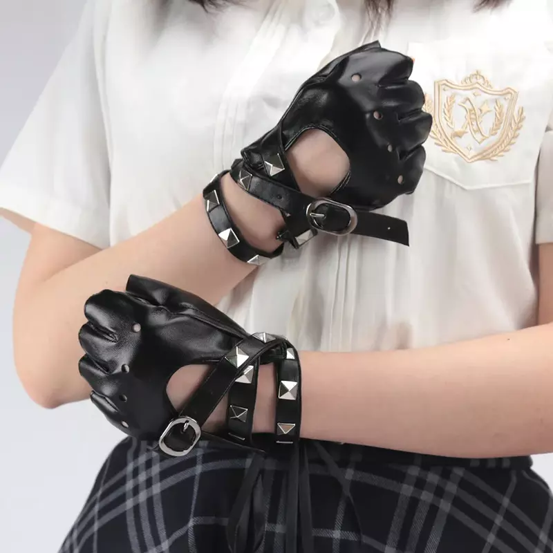 Gants courts en cuir synthétique pour femmes, gants sans doigts, demi-doigt, noir, punk, beau, dame, mode, 1 paire