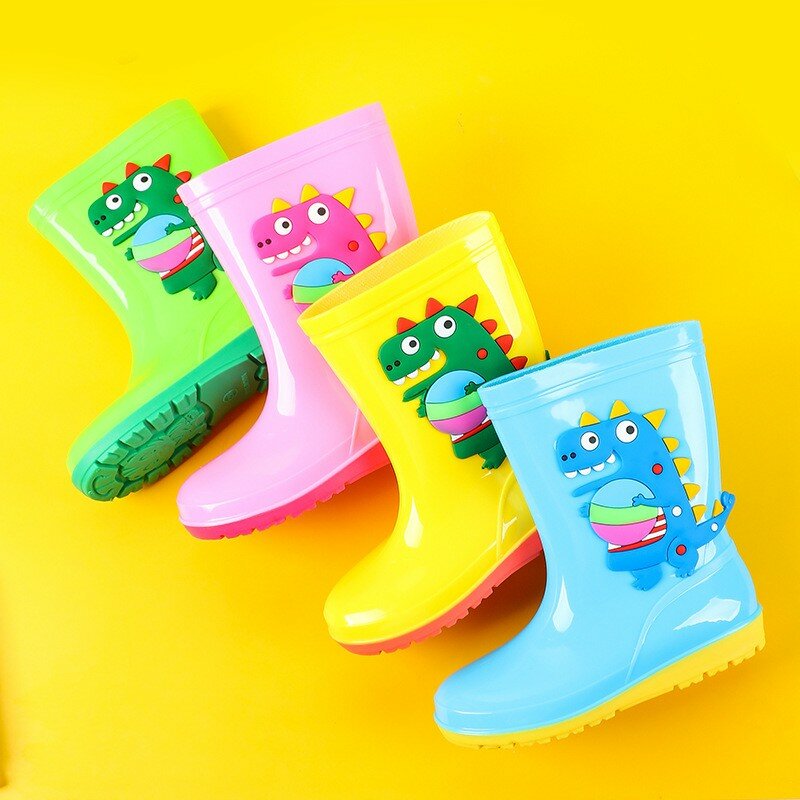Botas de lluvia impermeables para niños y niñas, zapatos de goma con dibujos de dinosaurios, impermeables, extraíbles, para las cuatro estaciones