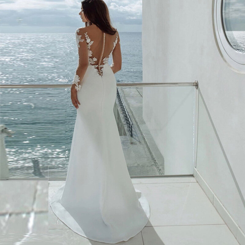 Elegante Sexy Cut-Out pizzo di raso perle di sirena semplici abiti da sposa per le donne 2024 corte treno abito da sposa Vestidos De Noiva