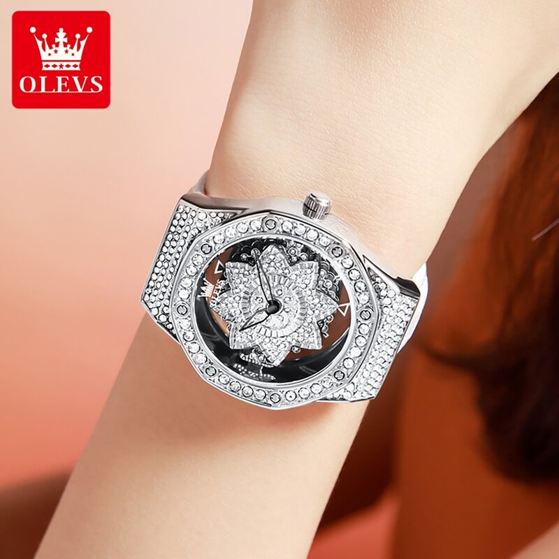 OLEVS jam tangan Quartz berlian wanita, arloji merek mewah tali kulit tahan air perak