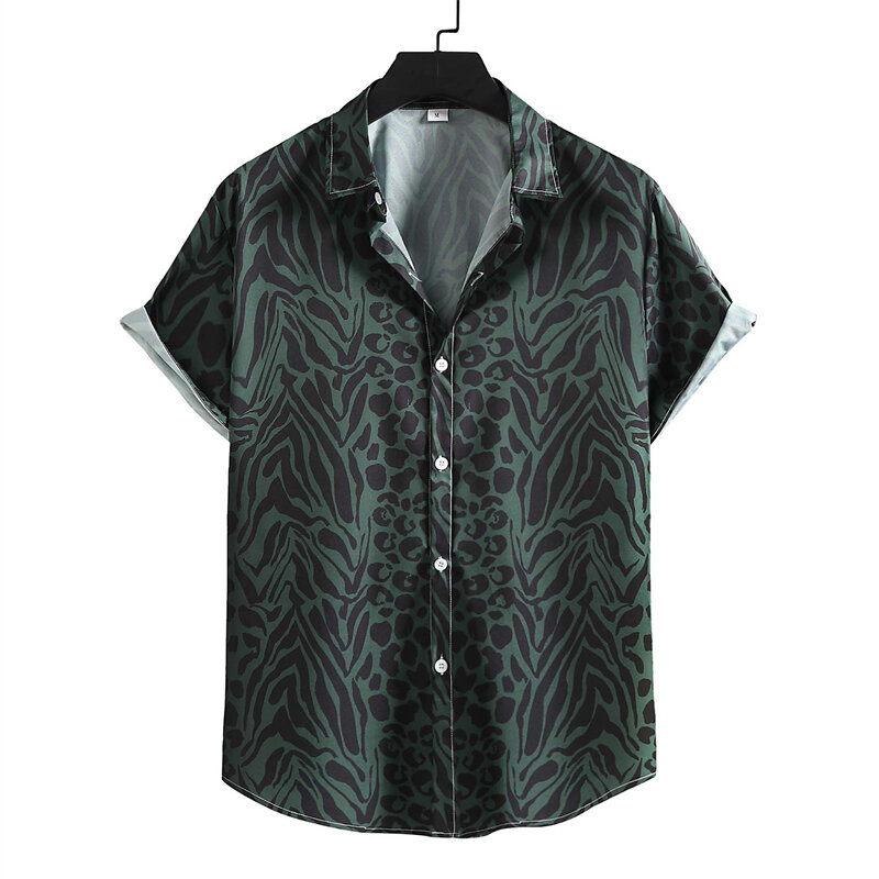 Leopard impresso camisa havaí para homens e mulheres, camisa de manga curta casual com botão e lapela, oversized, unisex