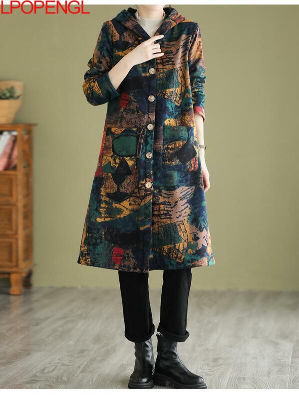 Женское утепленное пальто в этническом стиле, однобортное флисовое пальто средней длины с капюшоном и широкой талией, свободного покроя, с рукавами до локтя, Осень-зима
