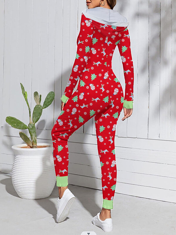 Dames Kerst Pyjama Romper Schattige Print Lange Mouw Ritssluiting Capuchon Jumpsuit Nachtkleding