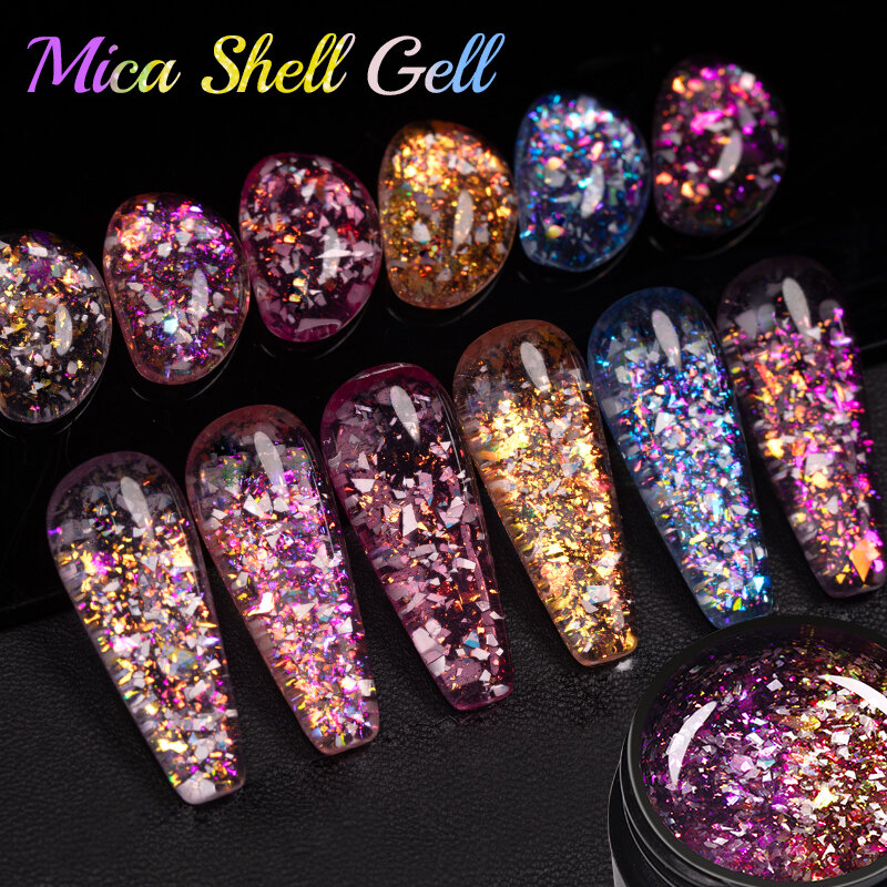 BOZLIN-Juego de esmaltes de uñas en Gel, barniz semipermanente UV LED, lentejuelas Auroras, concha de Mica, purpurina, 6 unidades