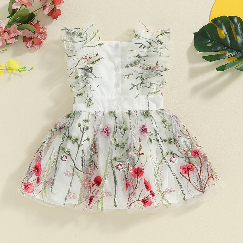 Baby Girl Romper Ruffle Sleeveless Square Neck Floral Embroidery Summer Tulle Dress Infant Girl Clothes