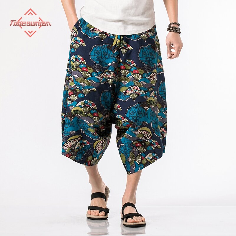 Hawaii celana kaki lebar gaya China pria, celana panjang serut katun 100%, celana kasual Jogging pas Hip Hop jalanan